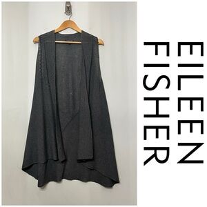 Eileen Fisher Open Front Cardigan 100% Italian Wool Sleeveless Minimalist Gray L